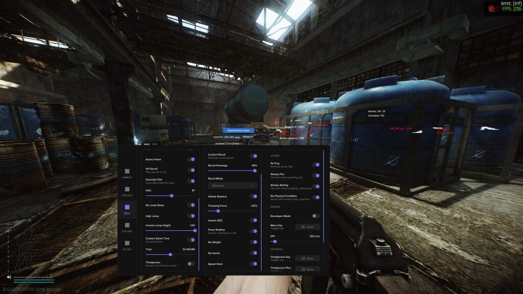 EFT Arena Hacks & Cheats With Undetected Aimbot CheatService menu settings for Tarkov Arena
