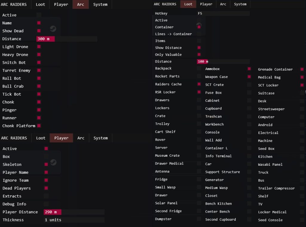 ARC Raiders Cheats โก Undetected Aimbot, ESP & Loot Filter (2026) ARC Raiders Aimbot menu showing bone selection and smooth aiming settings