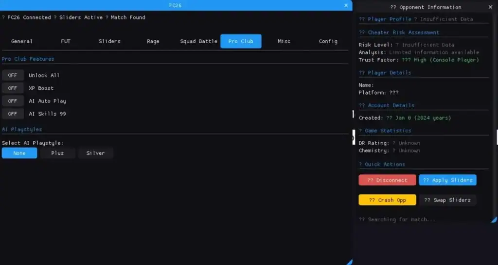 EA FC 26 Hacks (Undetected) β‘ Auto-Win & 15-0 FUT Champs 2026 Pro Clubs 99 Overall Stats and PlayStyles unlocker for EA FC 26