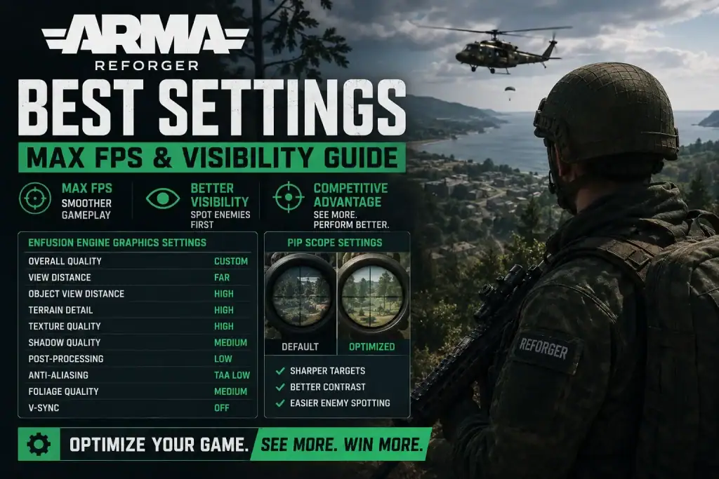 Arma Reforger gameplay with helicopter and soldier in scenic landscape.