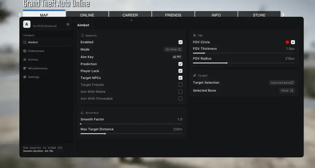 GTA 5 Online Enhanced Cheats & Mod Menus - Safe 2026 GTA 5 Online cheat menu interface with aim and FOV settings for enhanced gameplay.