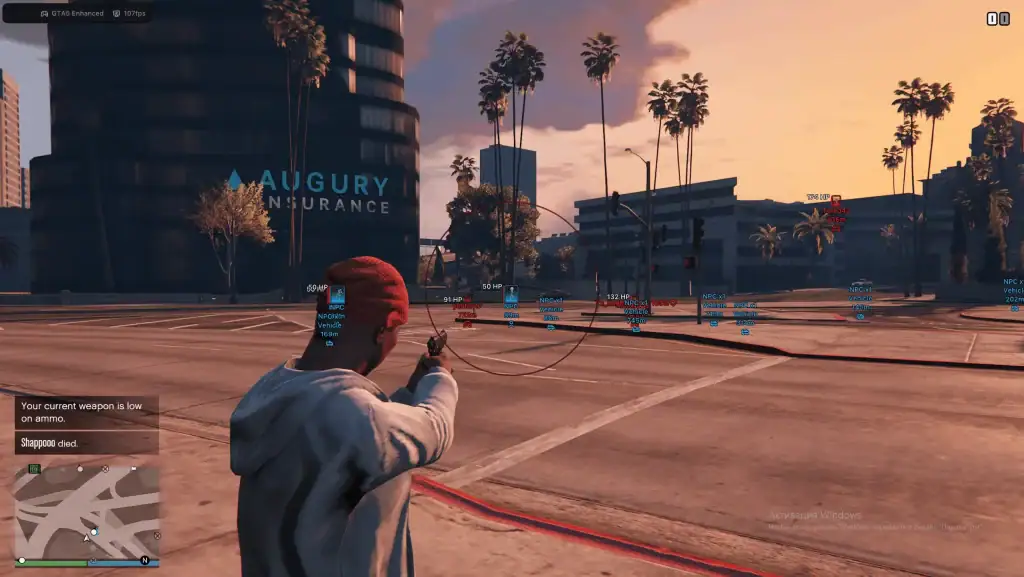 GTA 5 Online Enhanced Cheats & Mod Menus - Safe 2026 GTA 5 Online gameplay with character aiming at targets during sunset.