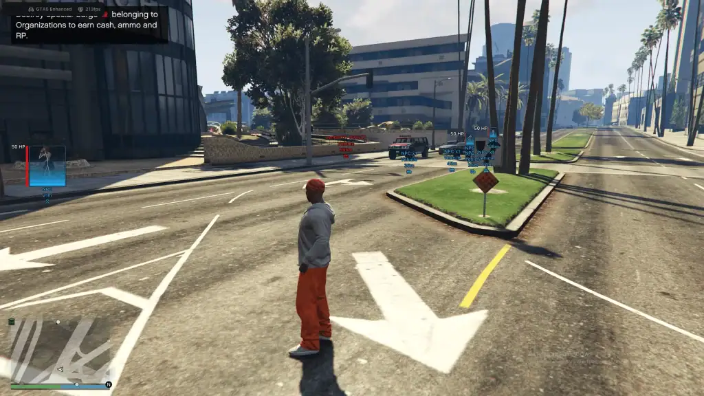 GTA 5 Online Enhanced Cheats & Mod Menus - Safe 2026 GTA 5 Online character standing on city street with traffic signs and buildings.