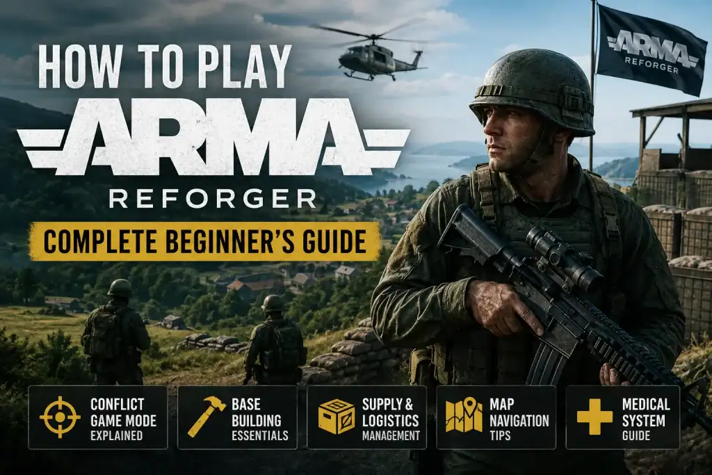 How to Play Arma Reforger: Complete Beginner's Guide (2026) Arma Reforger gameplay with soldiers and helicopter in landscape.