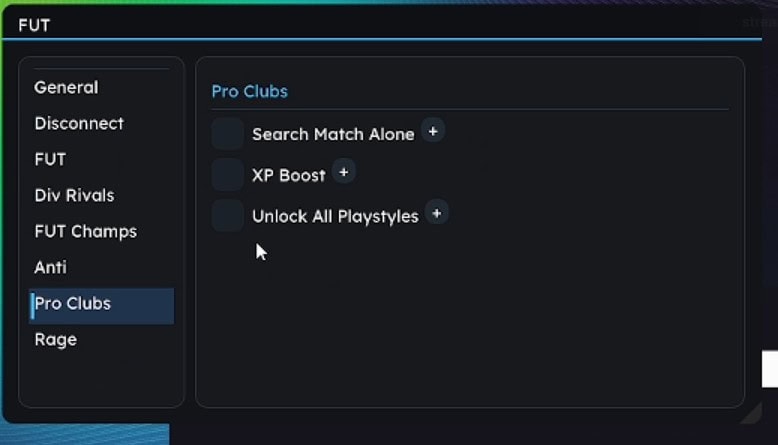 EA FC 27 Hacks & Cheats - Undetected AutoWin, FUT & More FUT Pro Clubs cheat menu with options for match, XP, and unlocks.