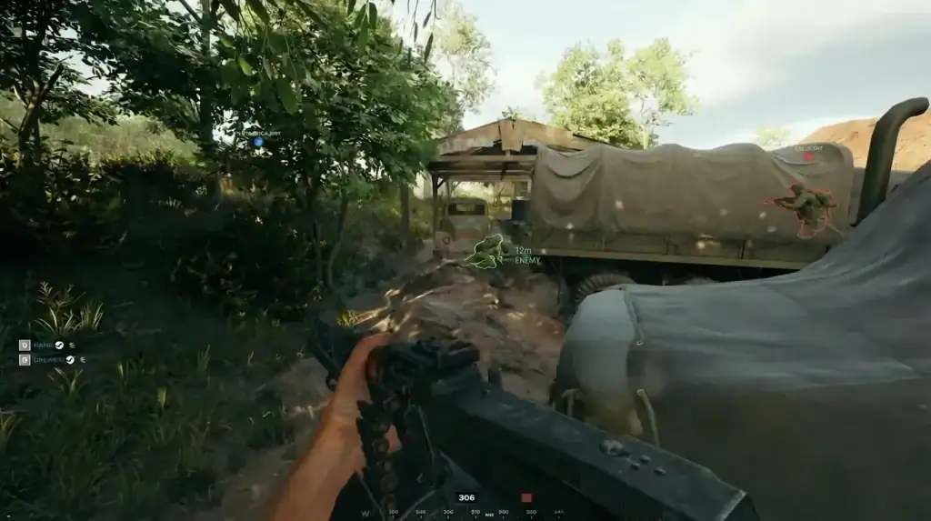 Hell Let Loose Vietnam Cheats: Aimbot, ESP & EAC-Ready First-person view of a player aiming a gun in a lush outdoor environment in Hell Let Loose Vietnam.