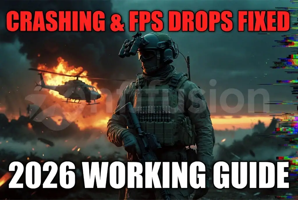 Arma Reforger Crashing and FPS Drops Fix: 2026 Guide Soldier in combat gear with helicopter and explosion background, fix FPS drops.