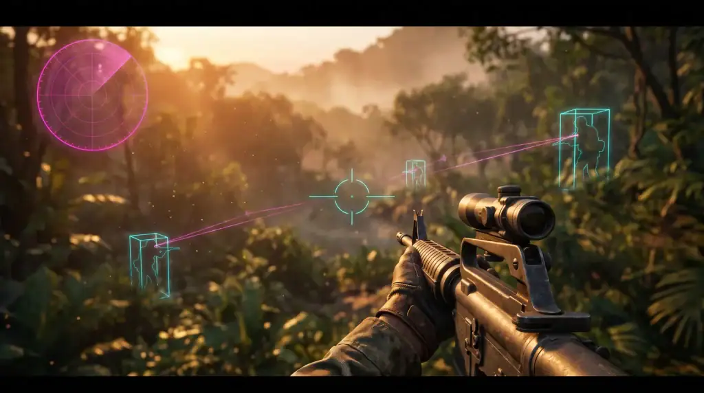 How Aimbot, ESP & Radar Work in Hell Let Loose: Vietnam Futuristic sniper rifle aiming in a lush jungle with holographic targeting overlays.