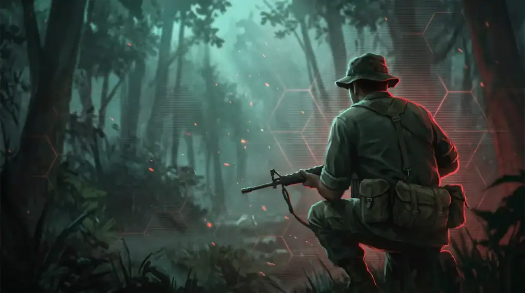 Hell Let Loose: Vietnam — Cheaters, Anti-Cheat & Bans Soldier with rifle in dark jungle, tactical gear, night scene, military combat.