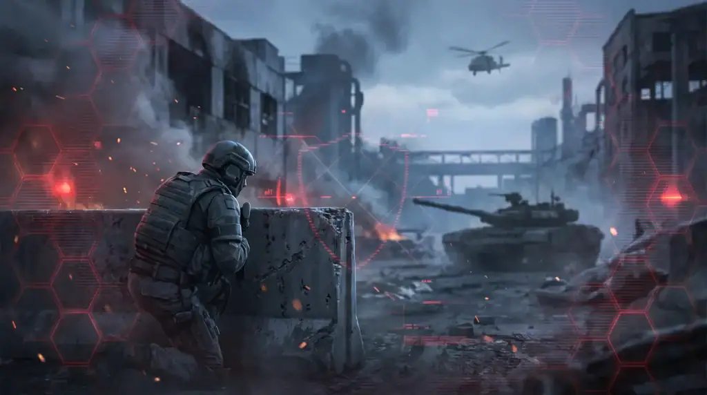 Is WARDOGS Full of Cheaters? Anti-Cheat & Ban Risk Soldier taking cover in a destroyed city with tanks and helicopter overhead.