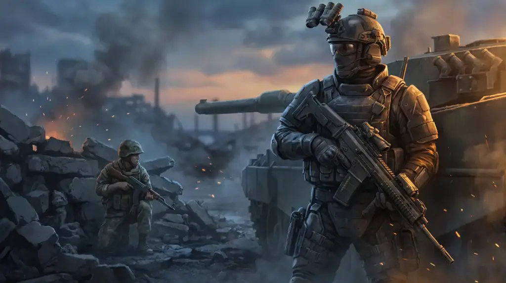 Soldiers in combat gear with a tank in a war-torn landscape at sunset.